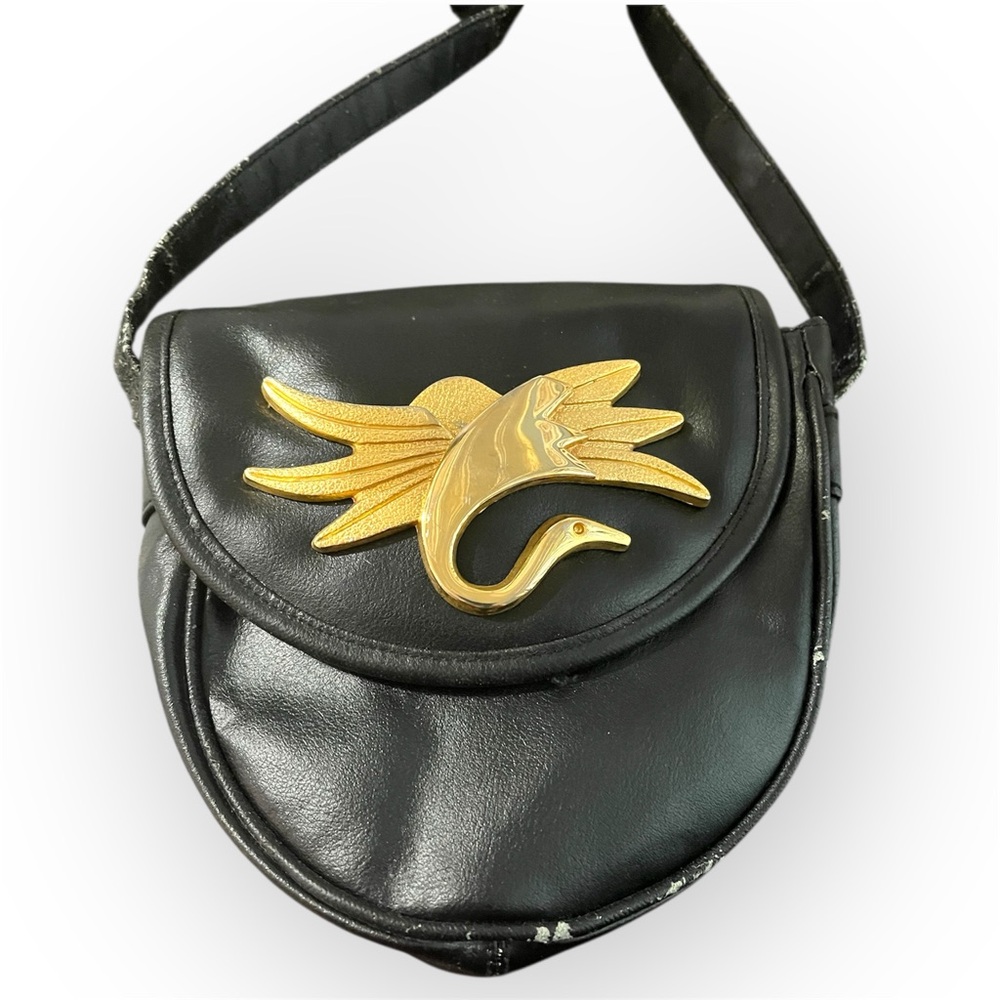 Vintage La Covina Black Leather Bag with Gold Accent Crossbody Small Unique